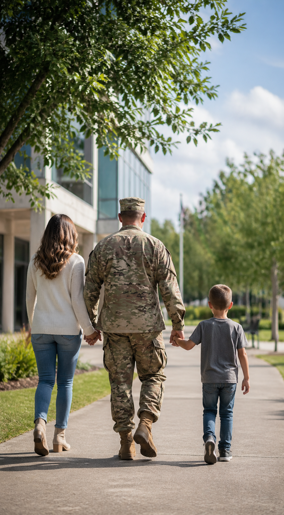 Veteran walking with spouse and child representing family support and transition
