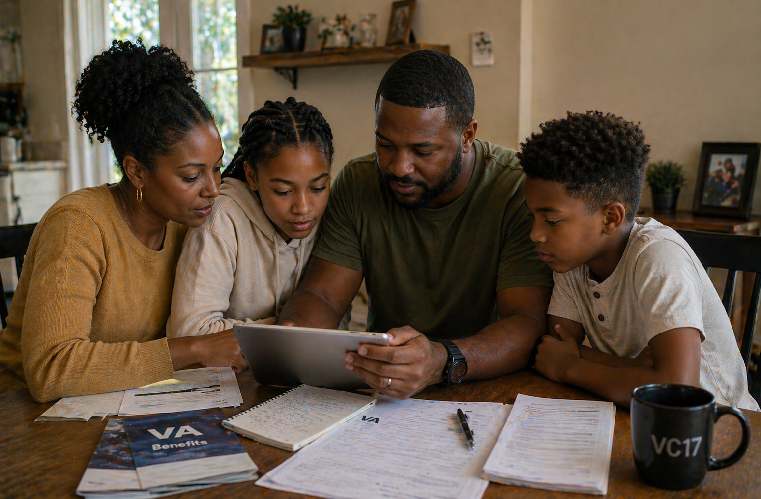 Family reviewing veterans benefits information together at home