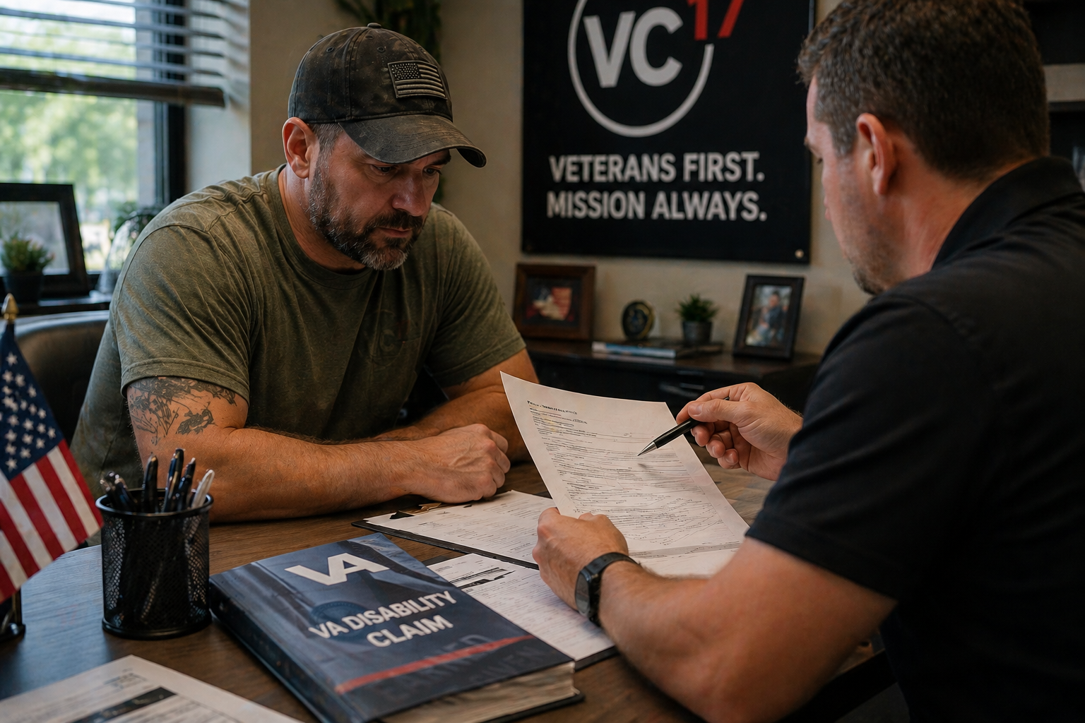 Veteran receiving VA claims guidance during one-on-one consultation