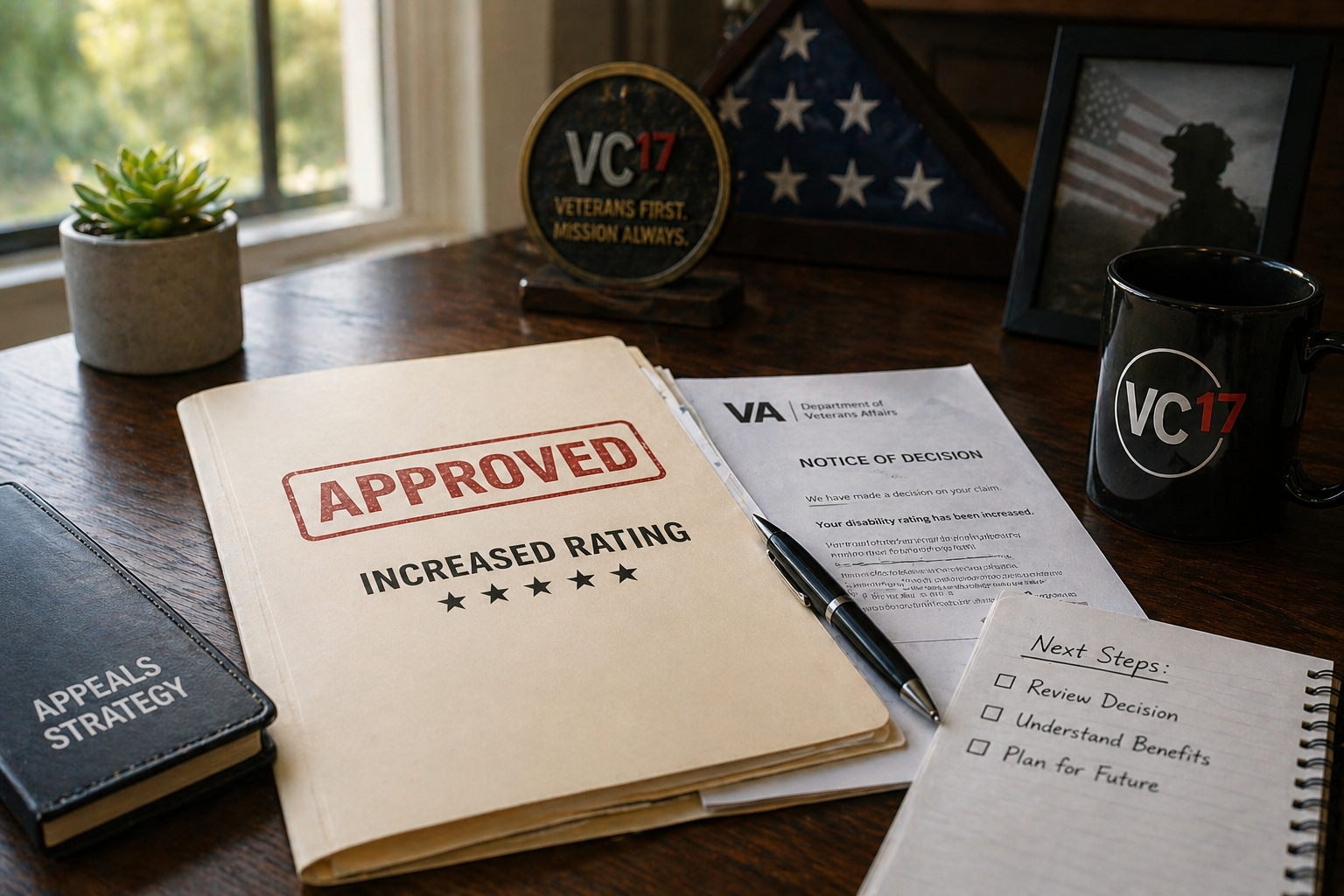 VA claim approval and rating increase documents representing successful outcomes