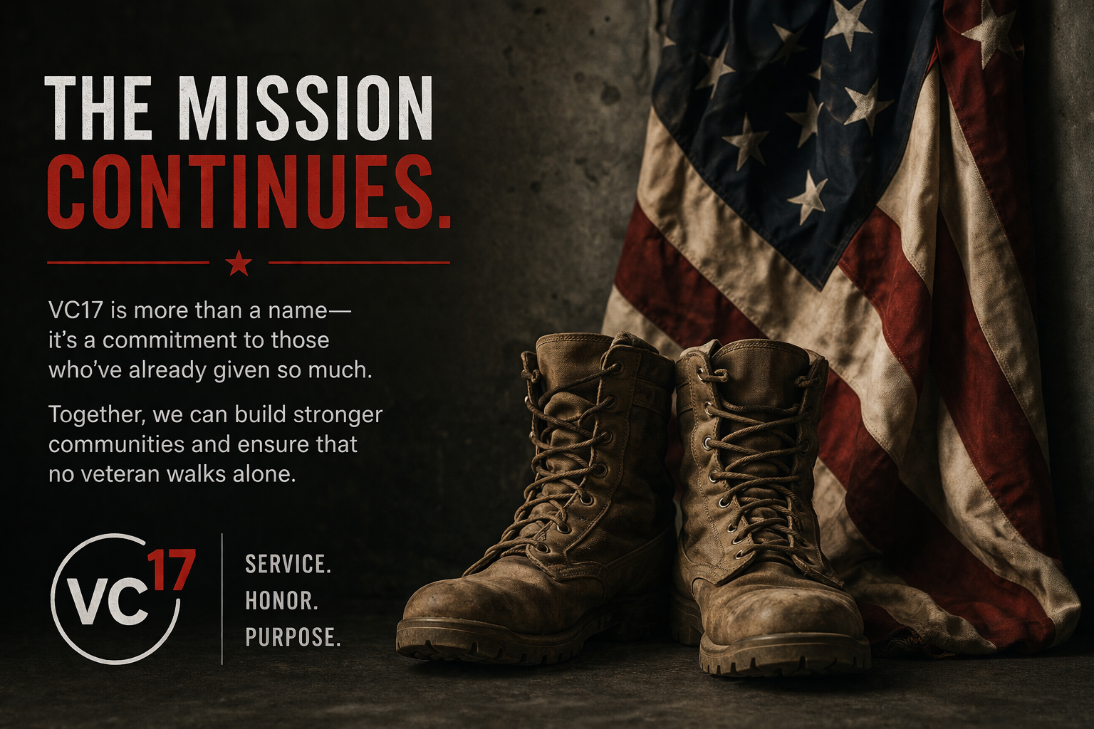 Military boots and American flag representing continued service and support
