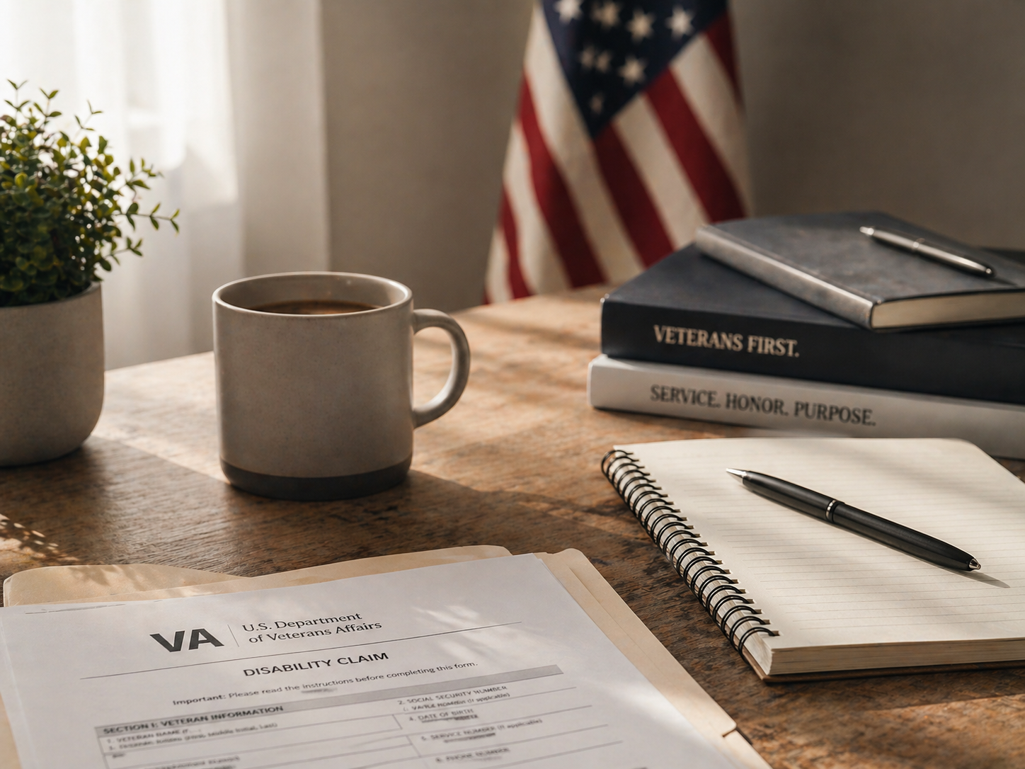 VA claims paperwork and resources on desk with American flag