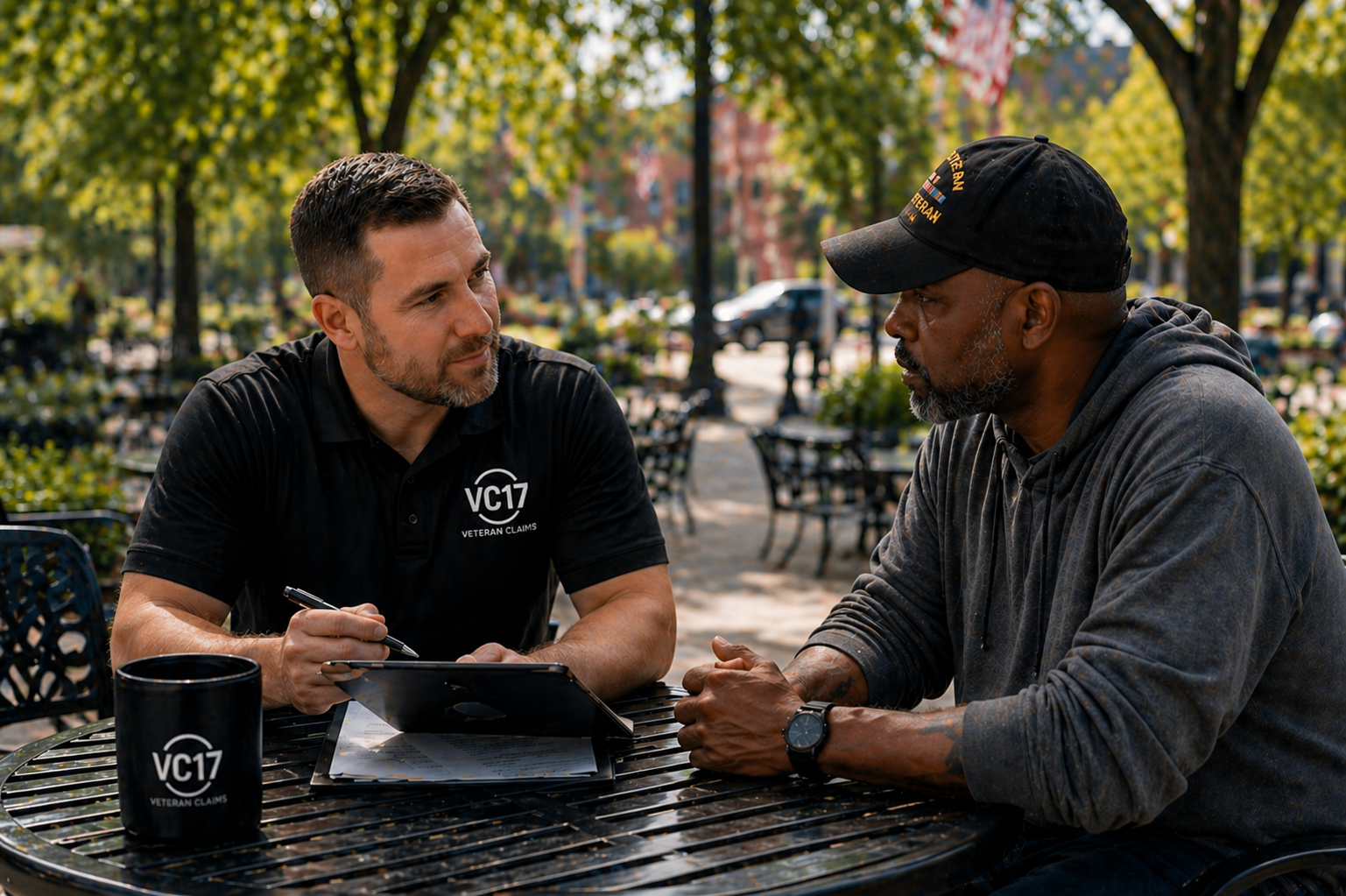 VC17 representative meeting with veteran outdoors about benefits guidance