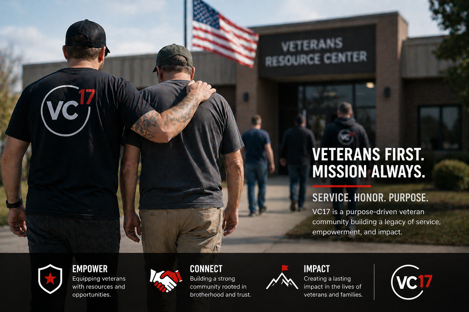 Veterans walking together toward support center representing community and guidance