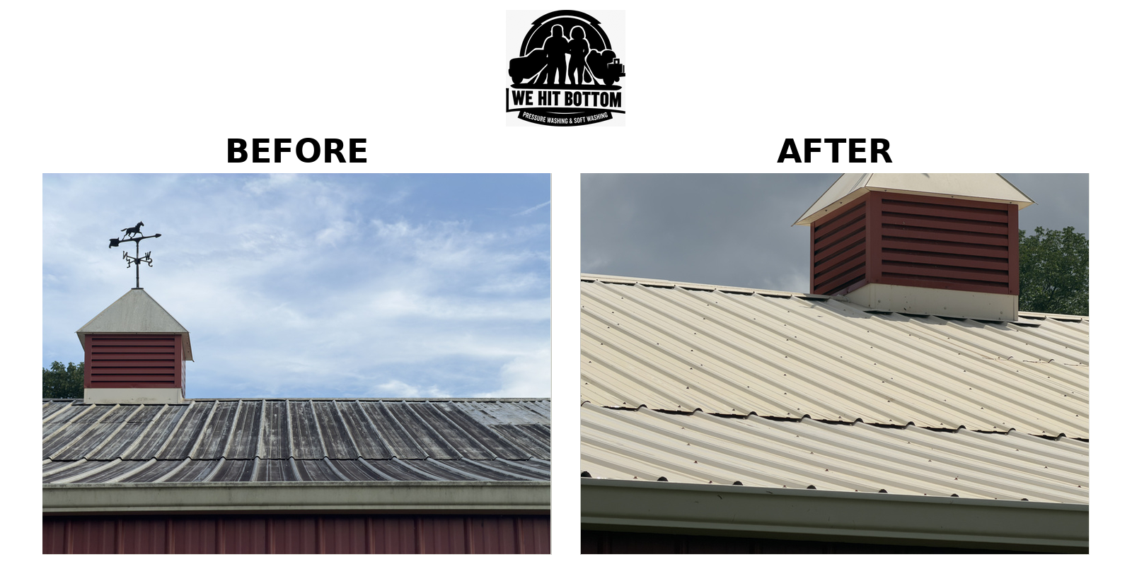 Barn roof and cupola before and after soft washing