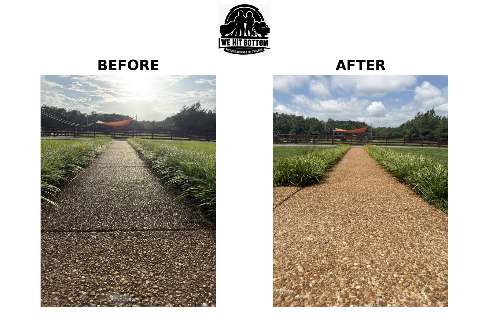 Exposed aggregate walkway to paddock before and after cleaning
