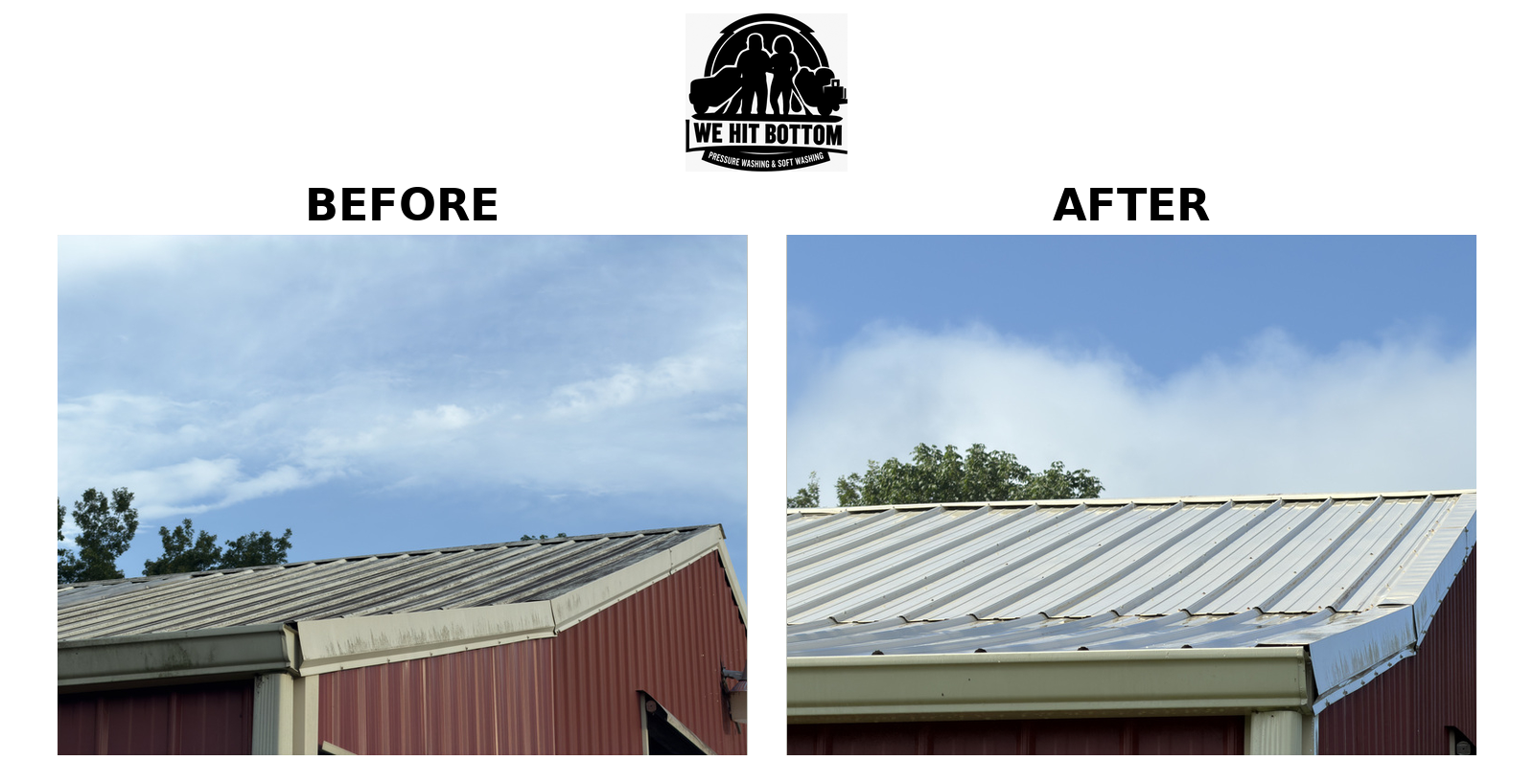Metal barn roof before and after soft washing