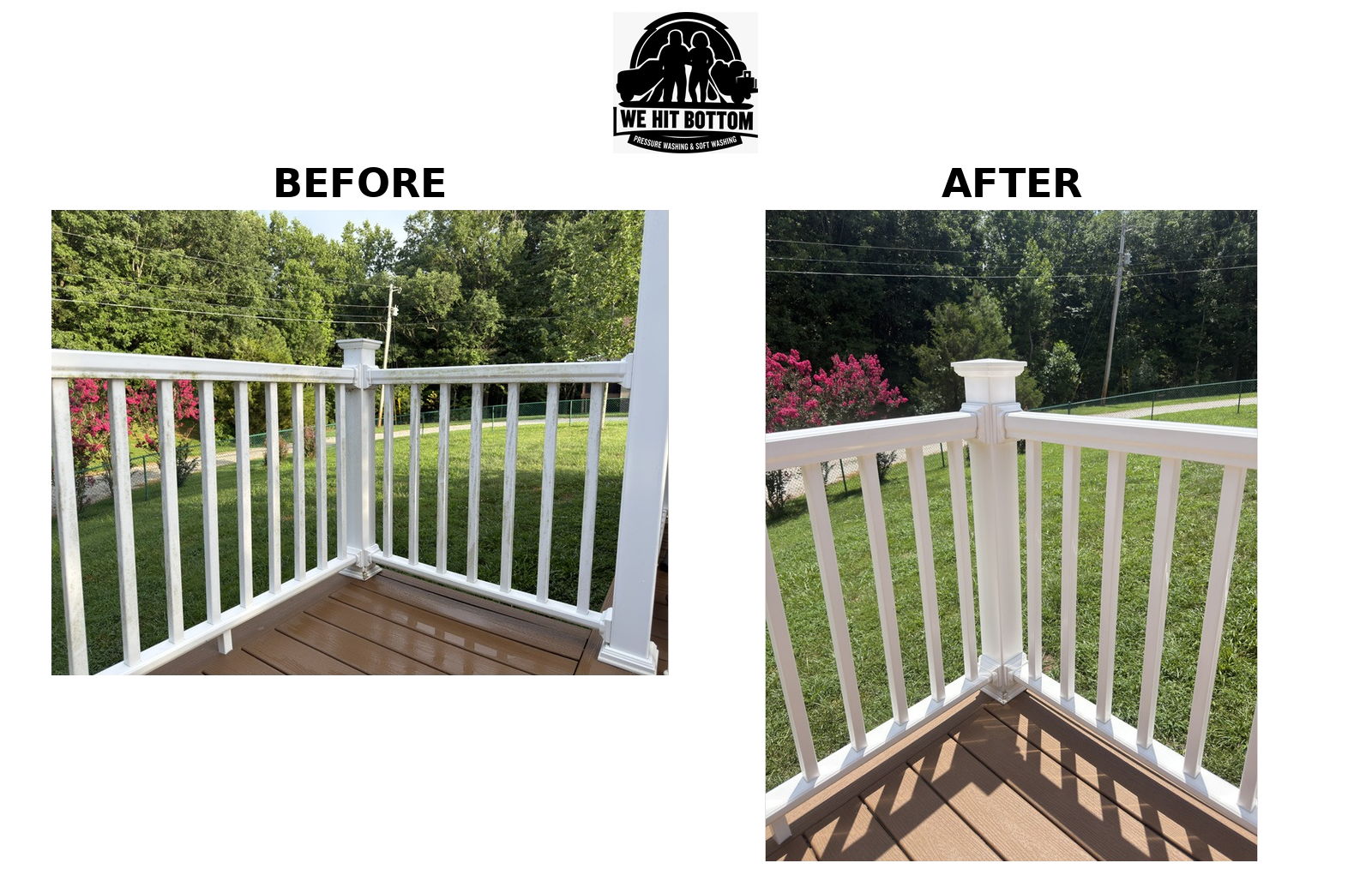 White deck railing before and after soft washing