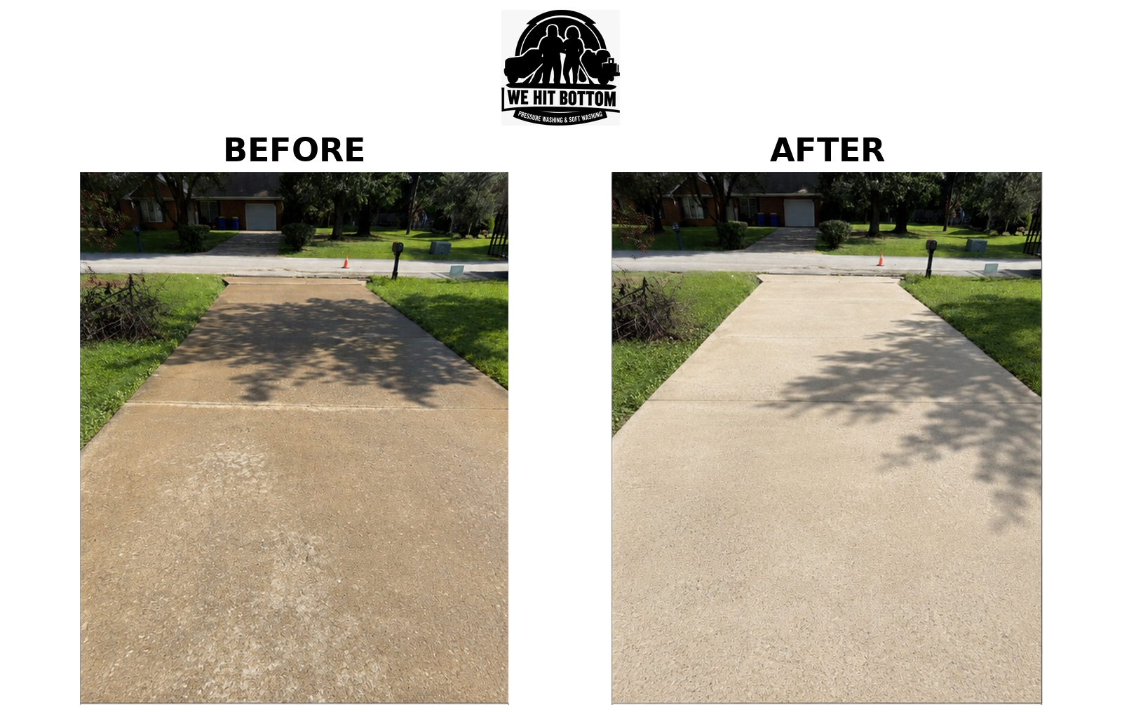 Concrete driveway before and after pressure washing