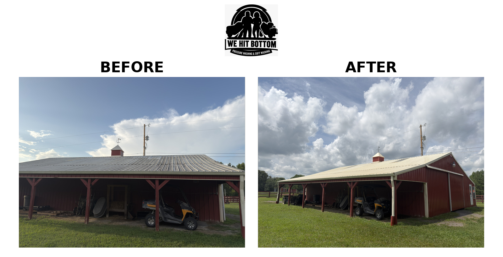 Barn lean-to roof before and after soft washing