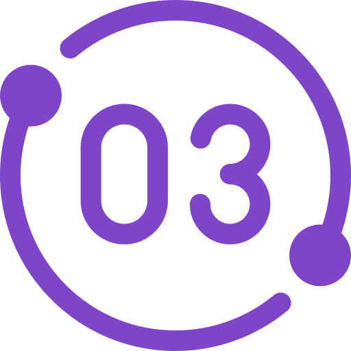 A circular icon with the number '03' in the center, and a connecting line with circles on either end, all in purple.