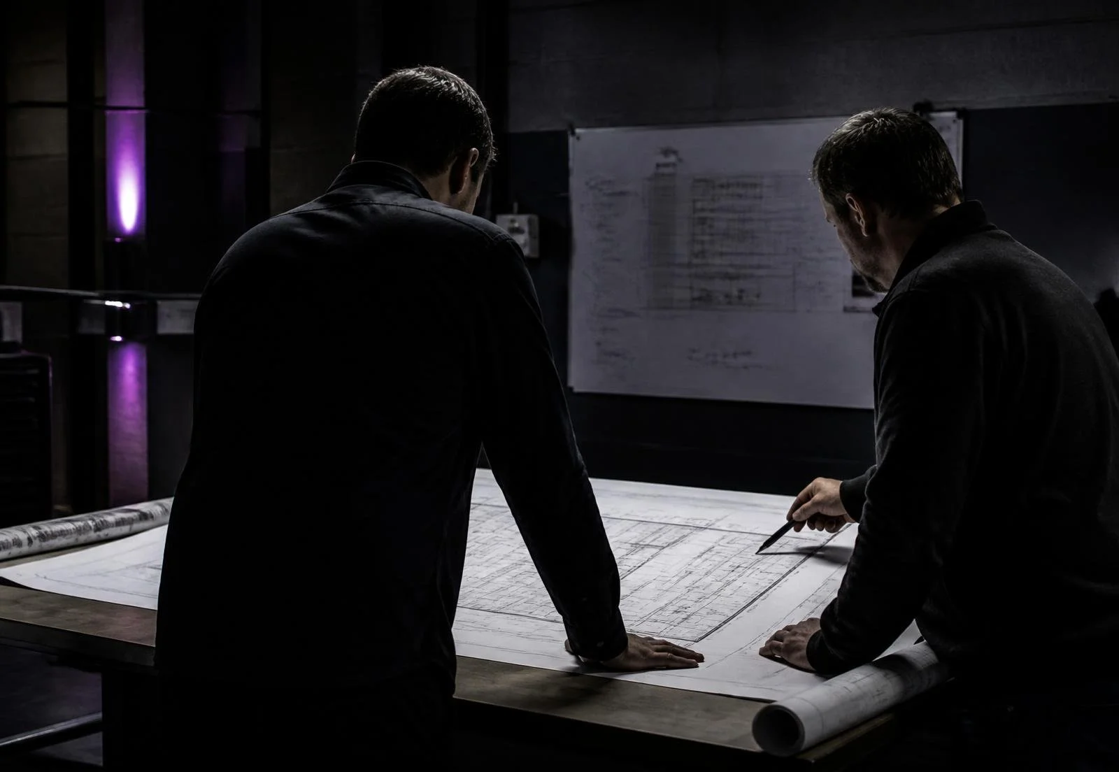 Two men in dark clothing examining and discussing large-format technical drawings or blueprints on a table in a dimly lit room.