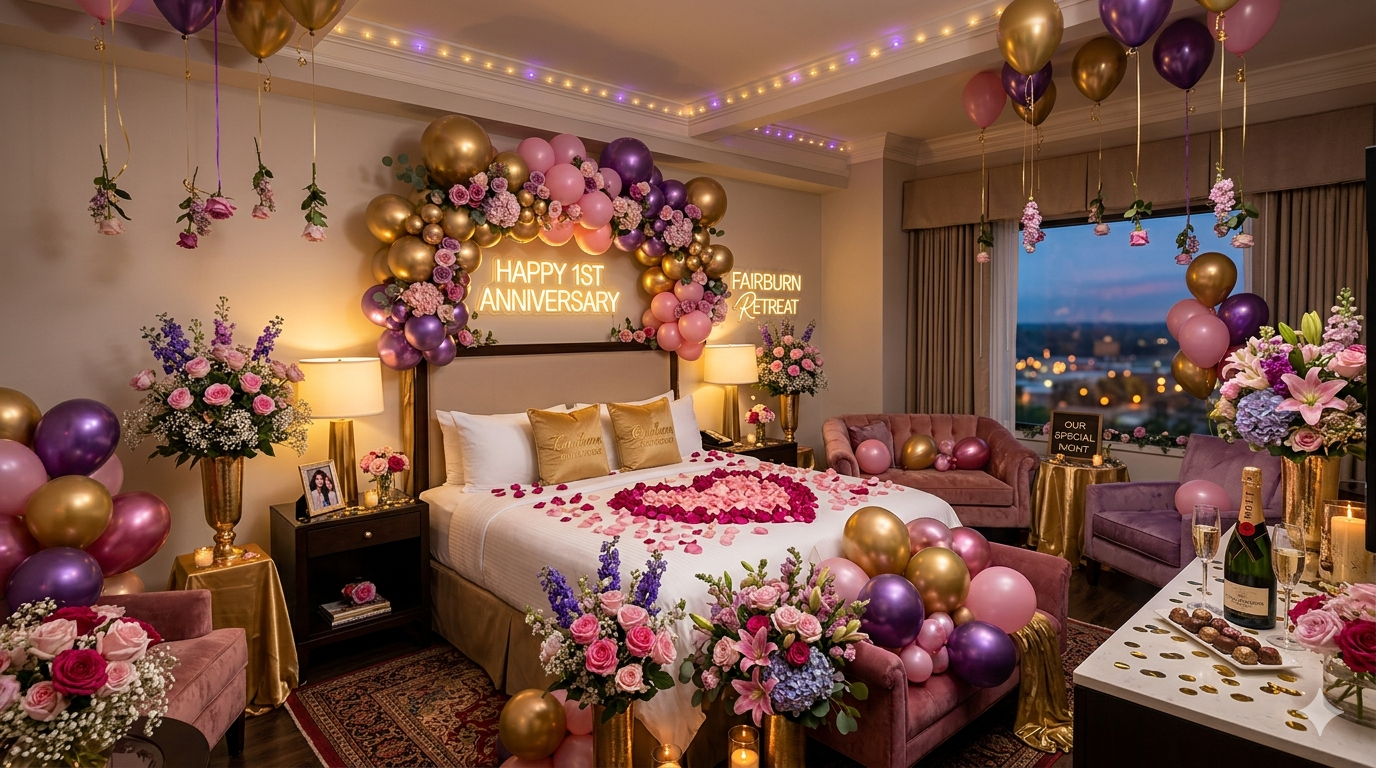 Decorated hotel room with pink, purple, and gold balloons and flowers, celebrating an anniversary with signs saying 'HAPPY 1ST ANNIVERSARY' and 'FAIRBURN RETREAT', including a bed with rose petals, lanterns, and champagne