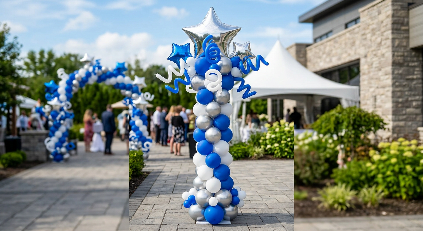 Balloon column and arch decorations in blue, white, and silver at an outdoor celebration, with people gathered in the background