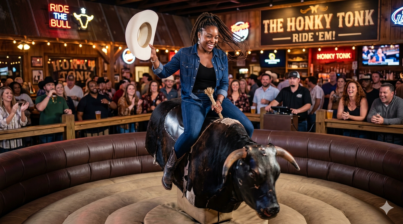 A woman riding a mechanical bull at a lively bar or restaurant, surrounded by a crowd of spectators clapping and watching. Signs in the background include 'Ride the Bull' and 'The Honky Tonk'.