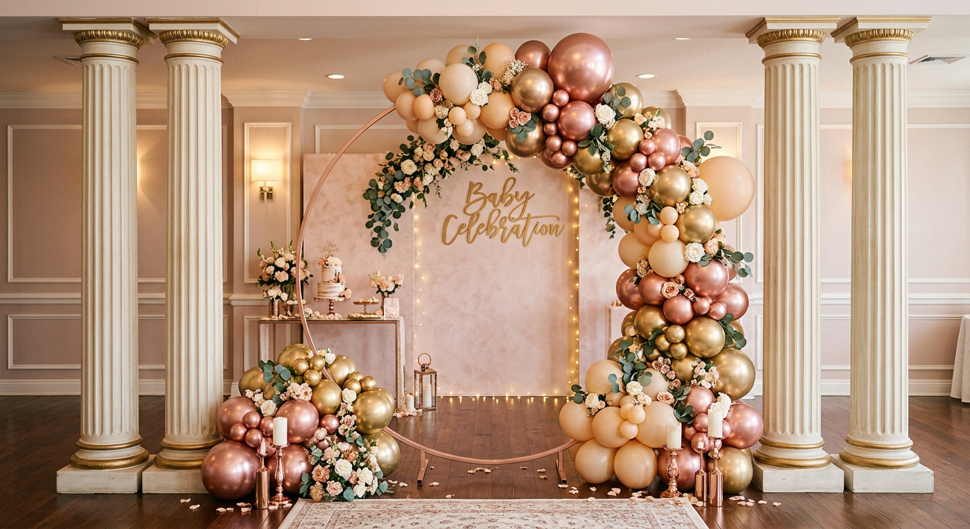 Decorative balloon arch with pink, gold, and cream balloons, flowers, and candles in front of a backdrop with 'Baby Celebration' written in gold, set up for a baby shower.