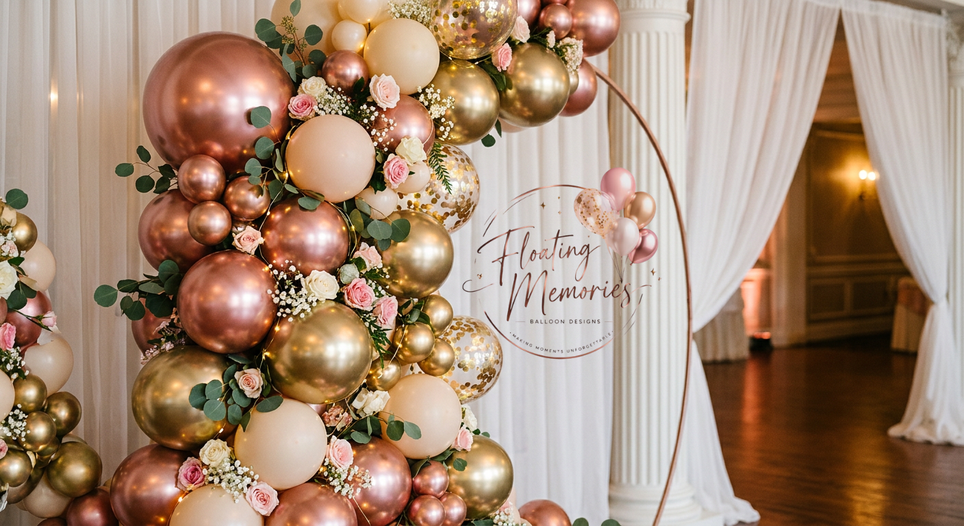 A wedding or celebration backdrop with a balloon arrangement in shades of pink, gold, and cream, decorated with flowers and greenery, and a circular sign that reads 'Floating Memories Balloon Designs'.