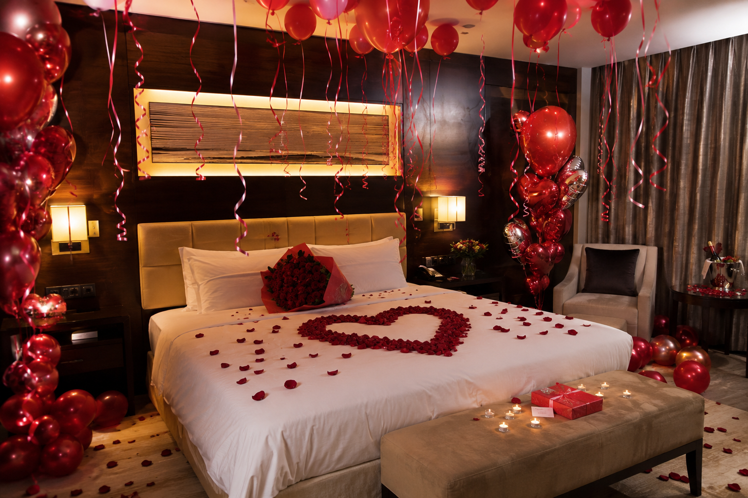 A hotel room decorated for a romantic occasion with red and pink balloons, rose petals arranged in a heart shape on the bed, a bouquet of roses on the bed, candles, and a gift box, creating a romantic atmosphere.