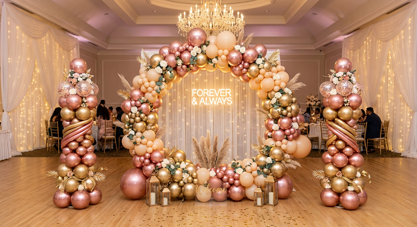 A decorated event space with a large balloon arch in rose gold, gold, and cream colors, accented with white flowers and pampas grass. The background features a sheer curtain backdrop with warm string lights and a chandelier above. The words 'FOREVER 