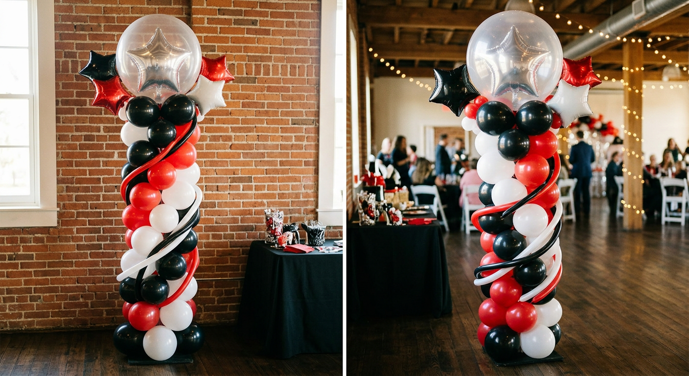 Party decoration with a balloon column featuring black, red, and white balloons topped with a large clear balloon containing star-shaped balloons inside, set in an indoor venue with exposed brick wall, wooden beams, and string lights, with people gat