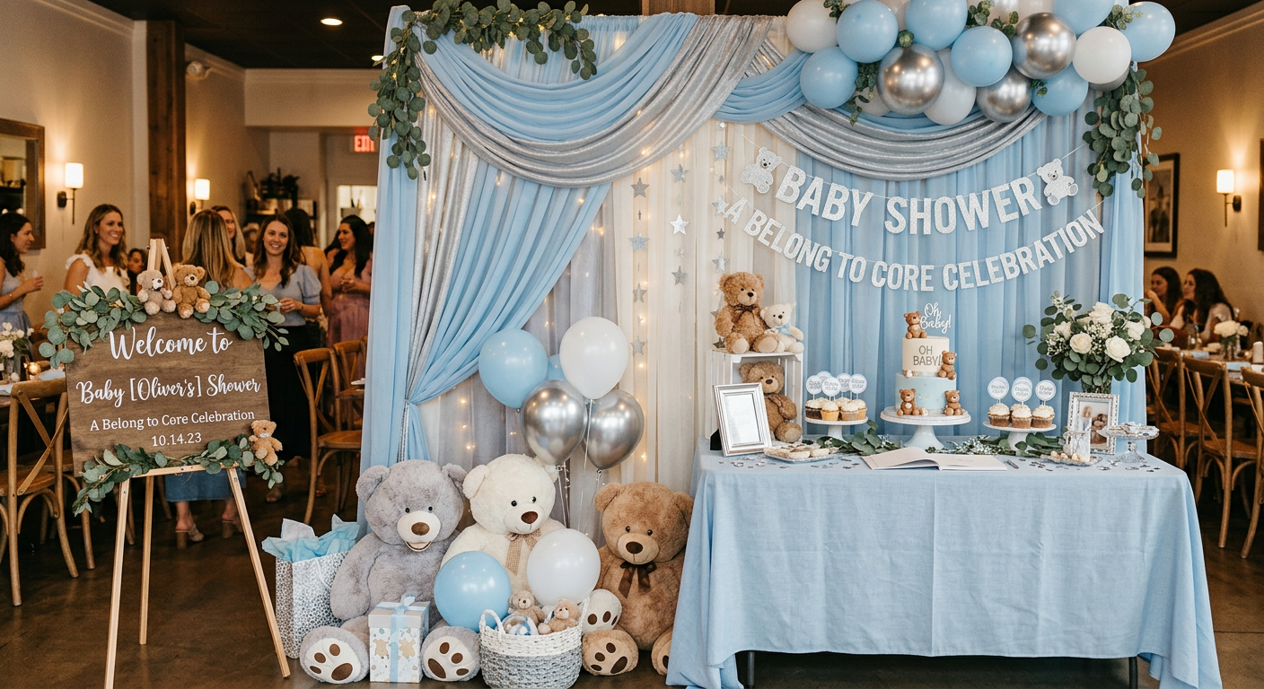 A baby shower display with blue, white, and silver balloons, teddy bears, cupcakes, and a cake on a table. Guests in the background celebrate in a decorated room.