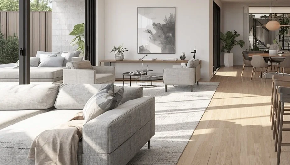 Bright, modern living room with light-colored furniture, a large window, a painting on the wall, and a dining area in the background.