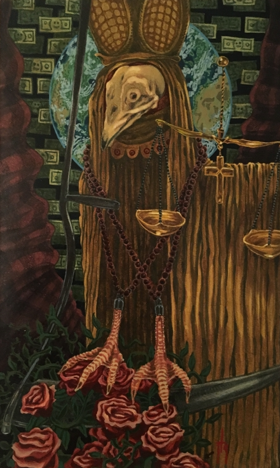 A surreal painting of a bird with human feet standing on roses, holding scales, with a backdrop of a brick wall and abstract patterns.