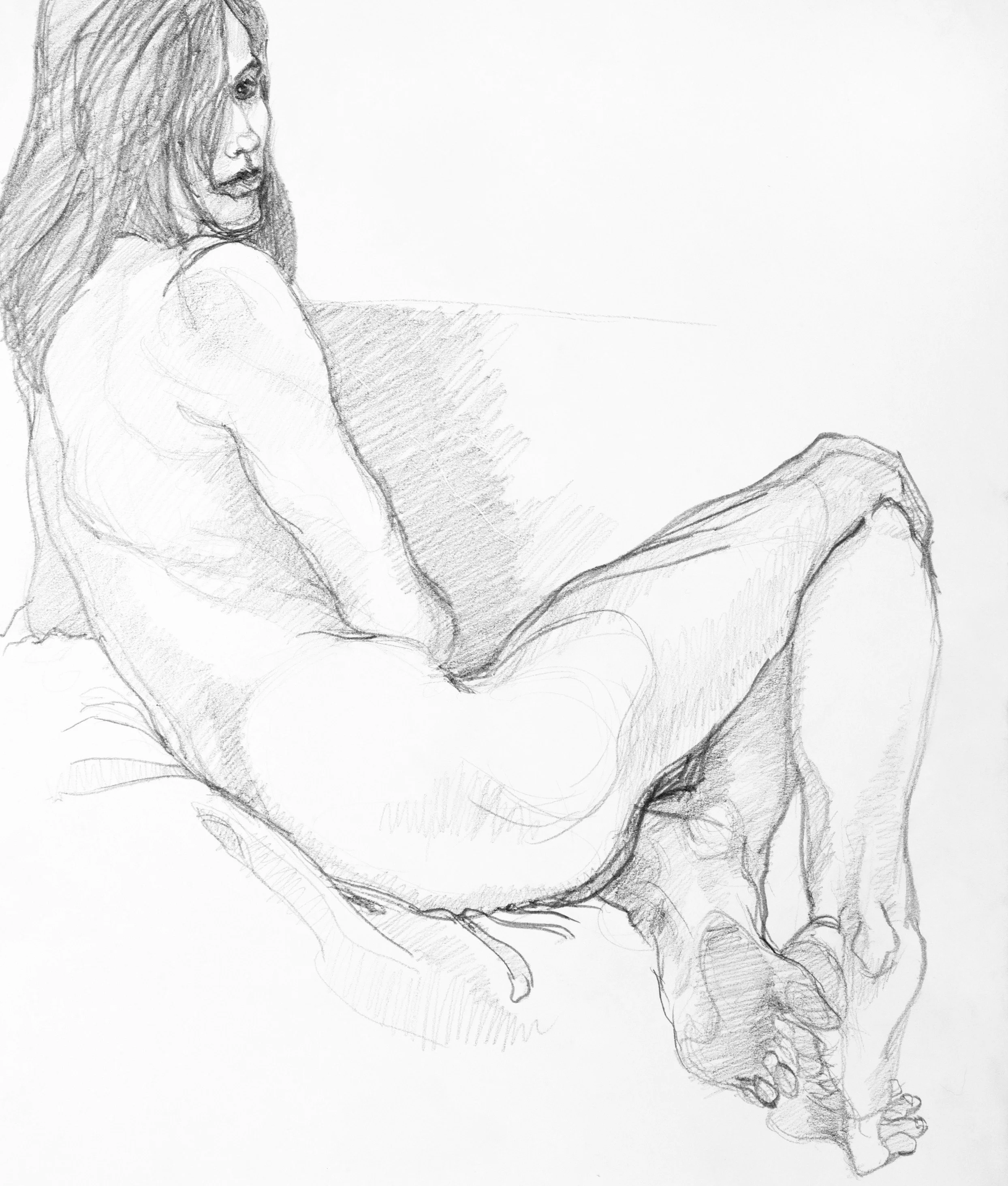 A pencil sketch of a woman with long hair, looking to the side, sitting with her legs crossed, with minimal shading and details.