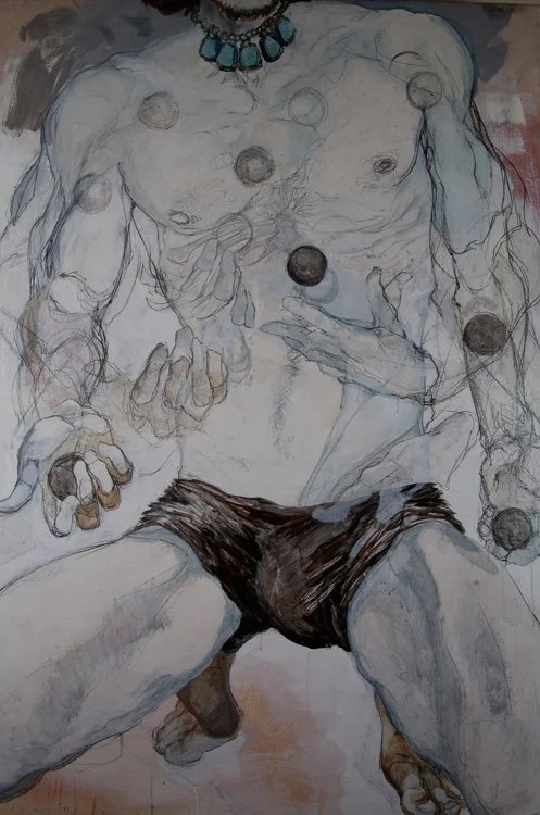 A detailed sketch of a man juggling, wearing a necklace, with his hands positioned in front of his body.