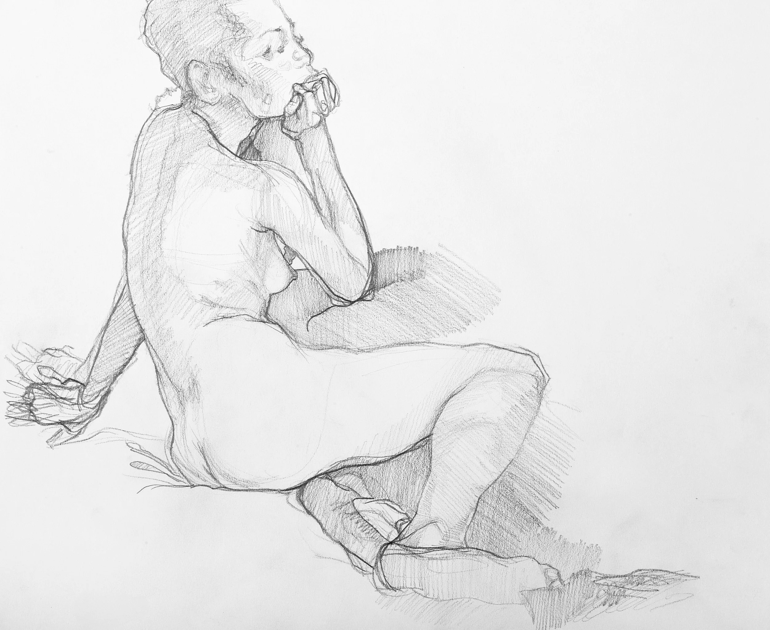 A pencil sketch of a woman in a seated pose, resting her chin on her clasped hands, with her eyes closed and hair styled in an updo.