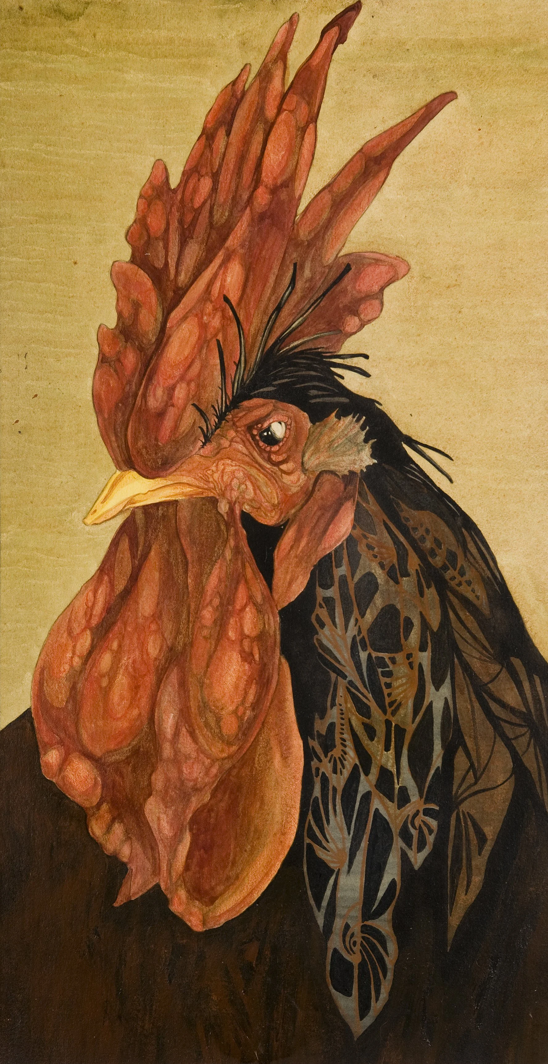 A detailed painting of a rooster with intricate feather and comb details, blending realistic and artistic styles.