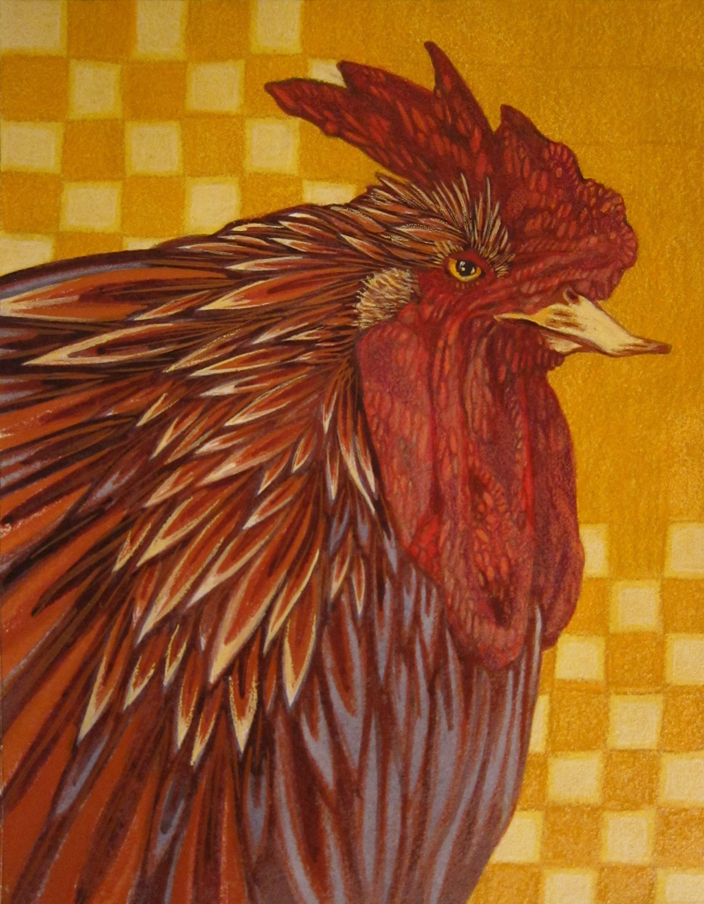 Painting of a rooster with detailed brown, red, and white feathers against a yellow checkered background.