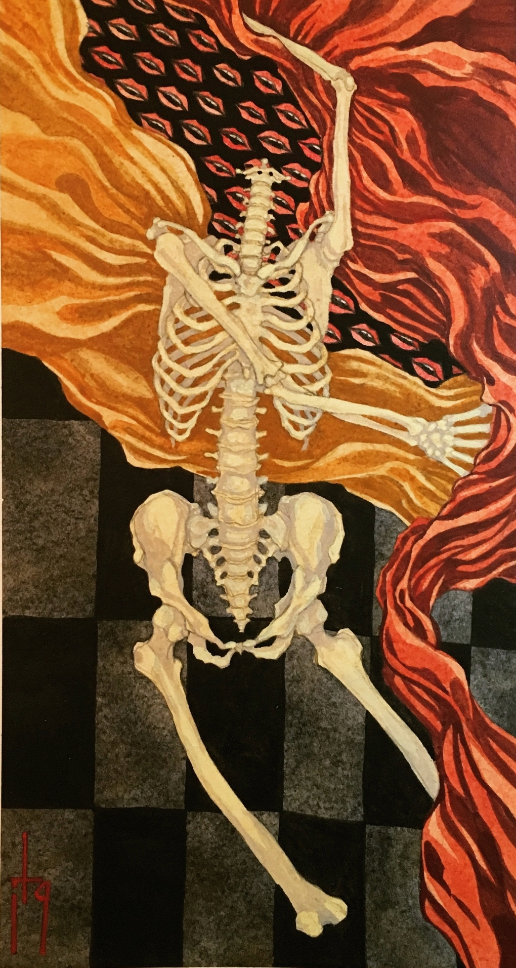 A painting of a human skeleton lying on a checkered black and gray floor, with large, flowing red and orange flames surrounding it.