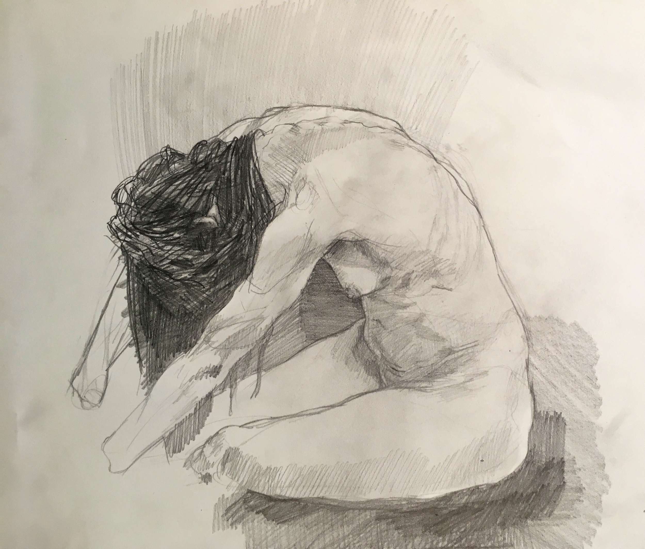 A black and white pencil sketch of a person's face and hand, with hair covering part of the face and the hand resting against the cheek.