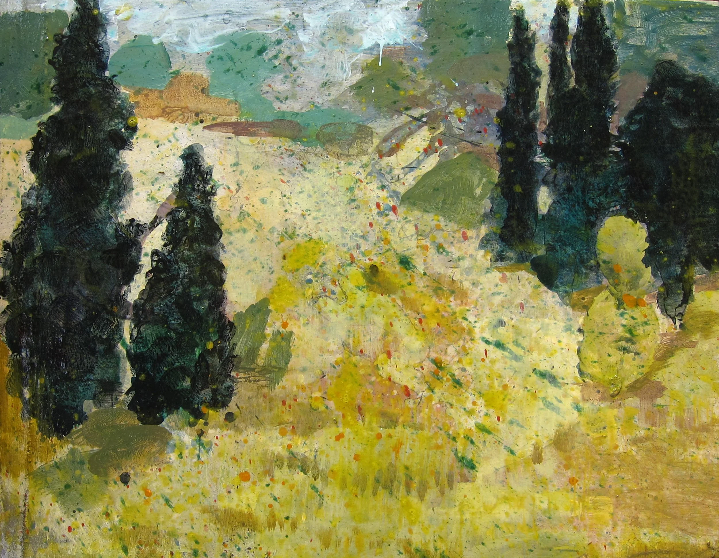 An abstract painting with trees, a landscape with hills, and colorful splatters of paint.