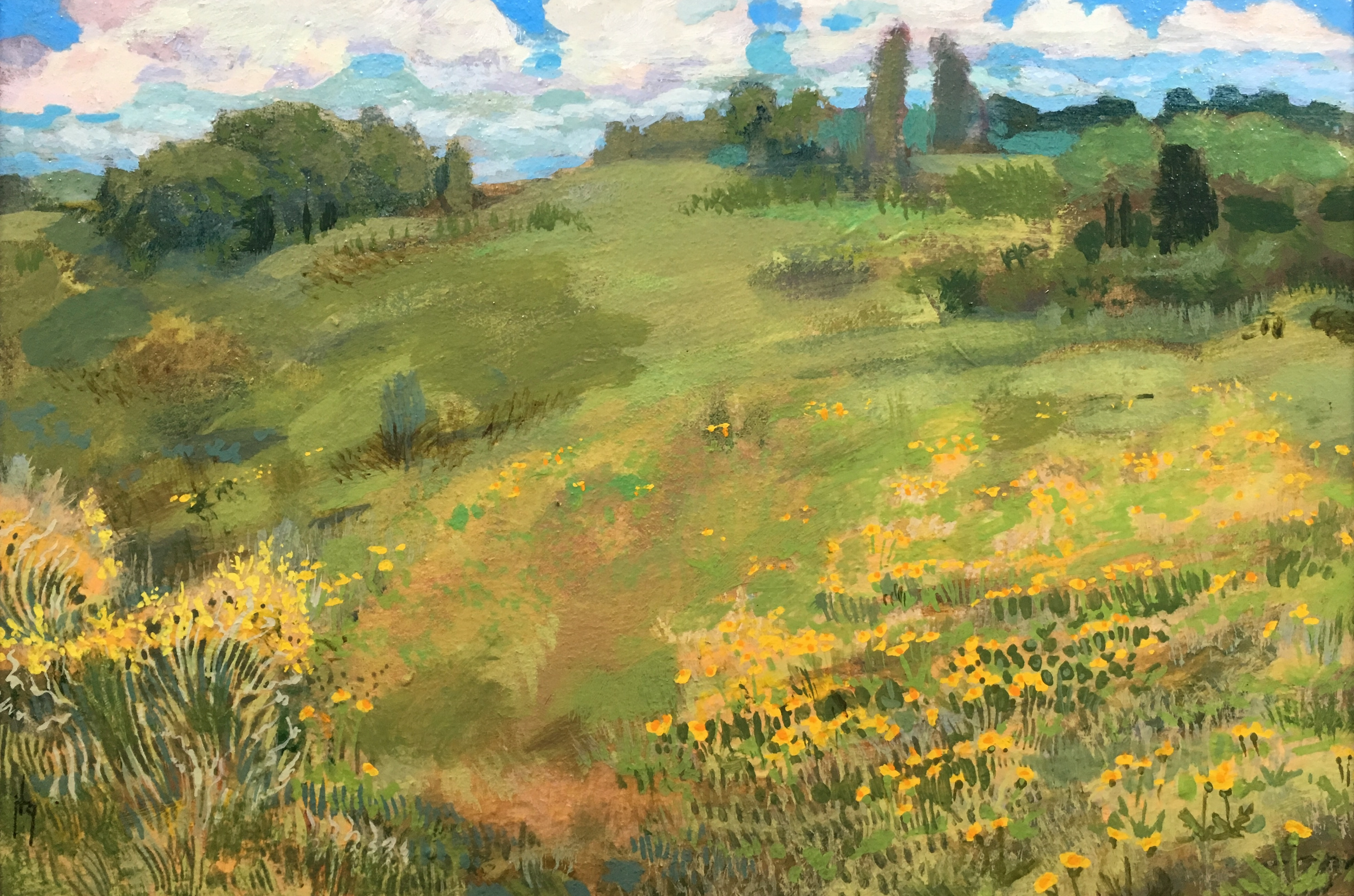 A painting of a lush green landscape with trees, shrubs, and yellow flowers, under a partly cloudy sky with patches of blue.