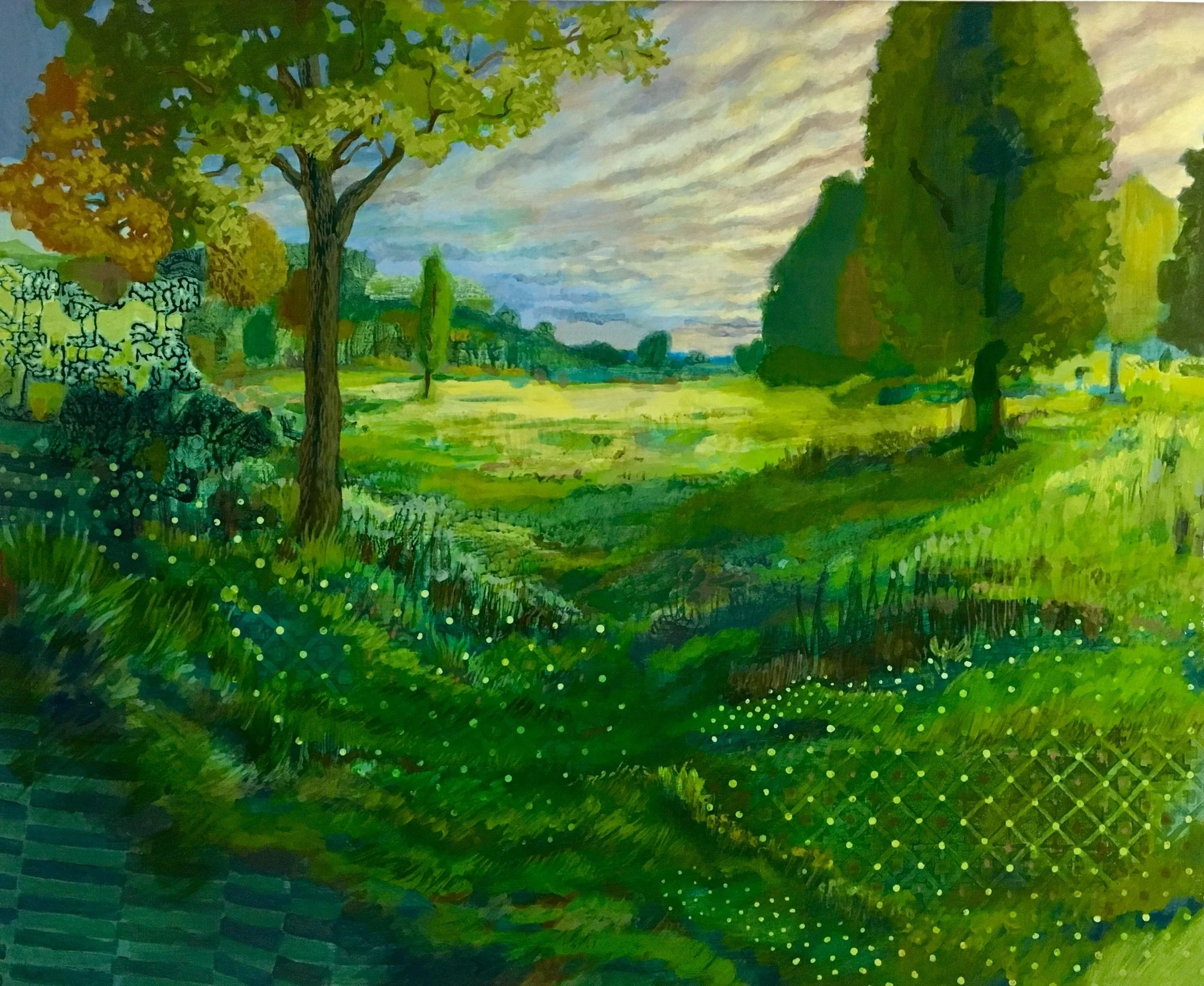 A colorful landscape painting depicting a lush green field with various trees, including a large tree in the foreground and others in the background, under a sky with clouds.