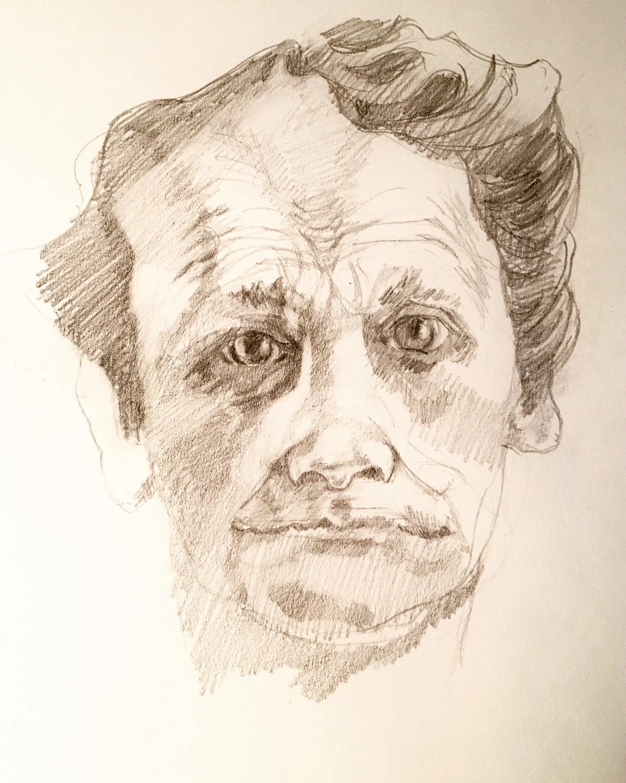 Sketch of an older woman with short, wavy hair, detailed facial features, and a serious expression.