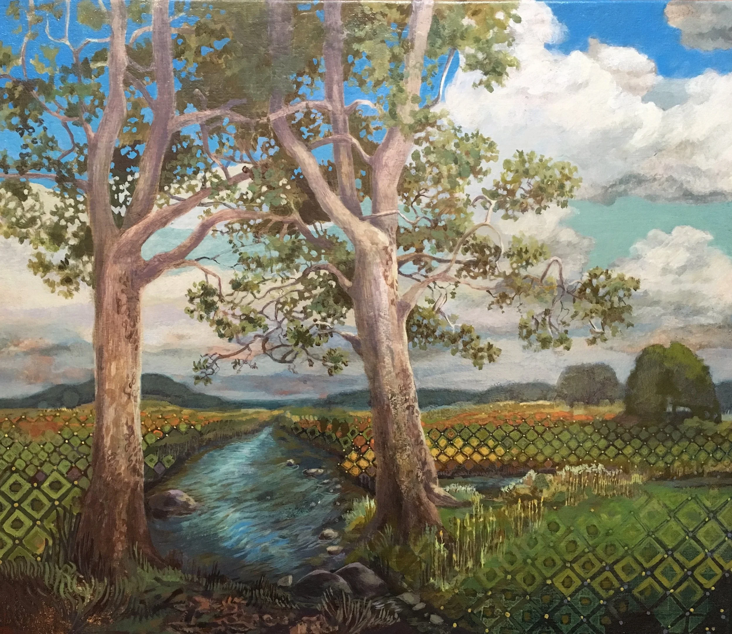 Painting of two tall trees with leafy branches next to a flowing stream, with a fenced garden in the background and a blue sky with white clouds overhead.