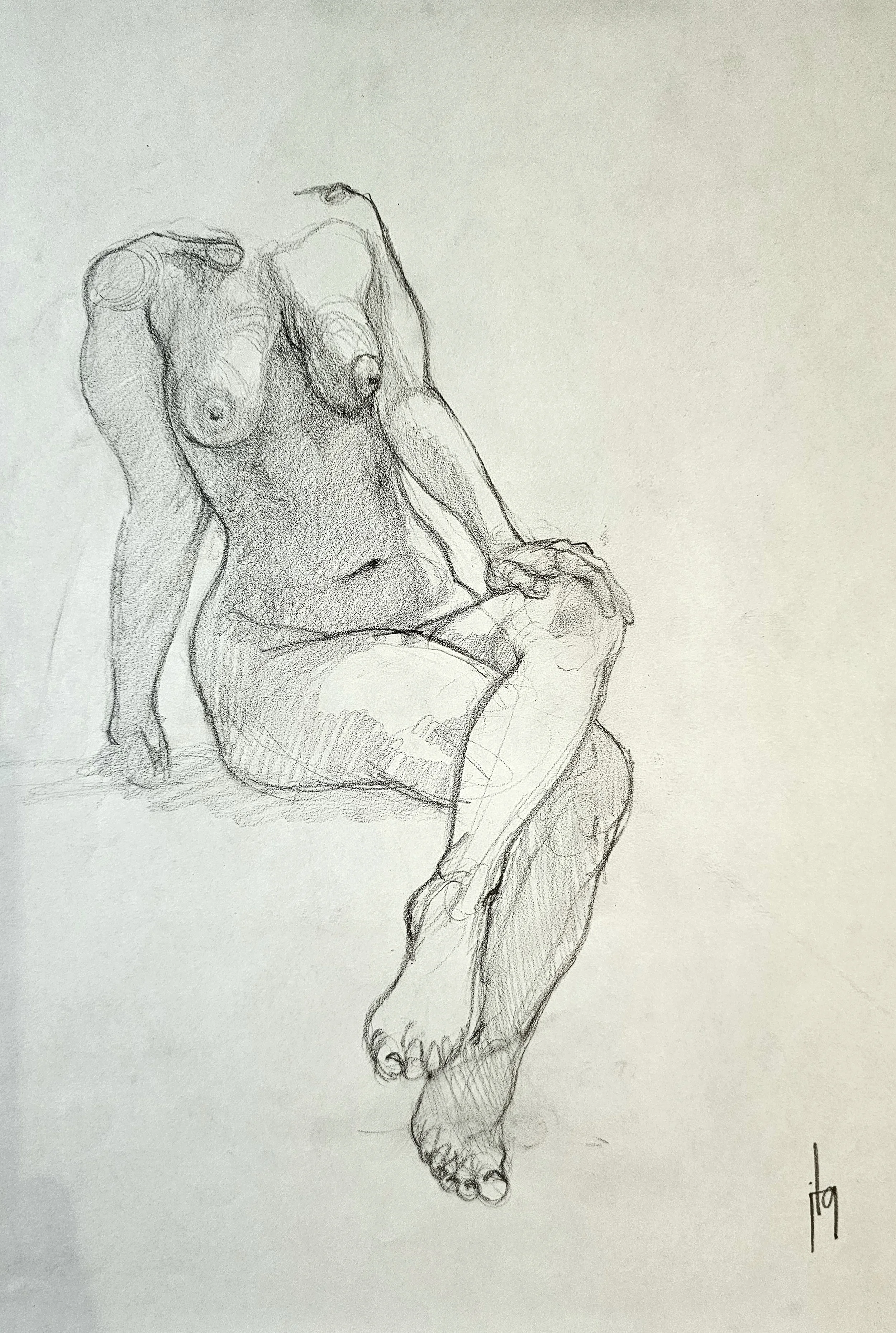 Sketch of a seated female figure with detailed anatomy, including breasts, abdomen, and legs, with the artist's signature