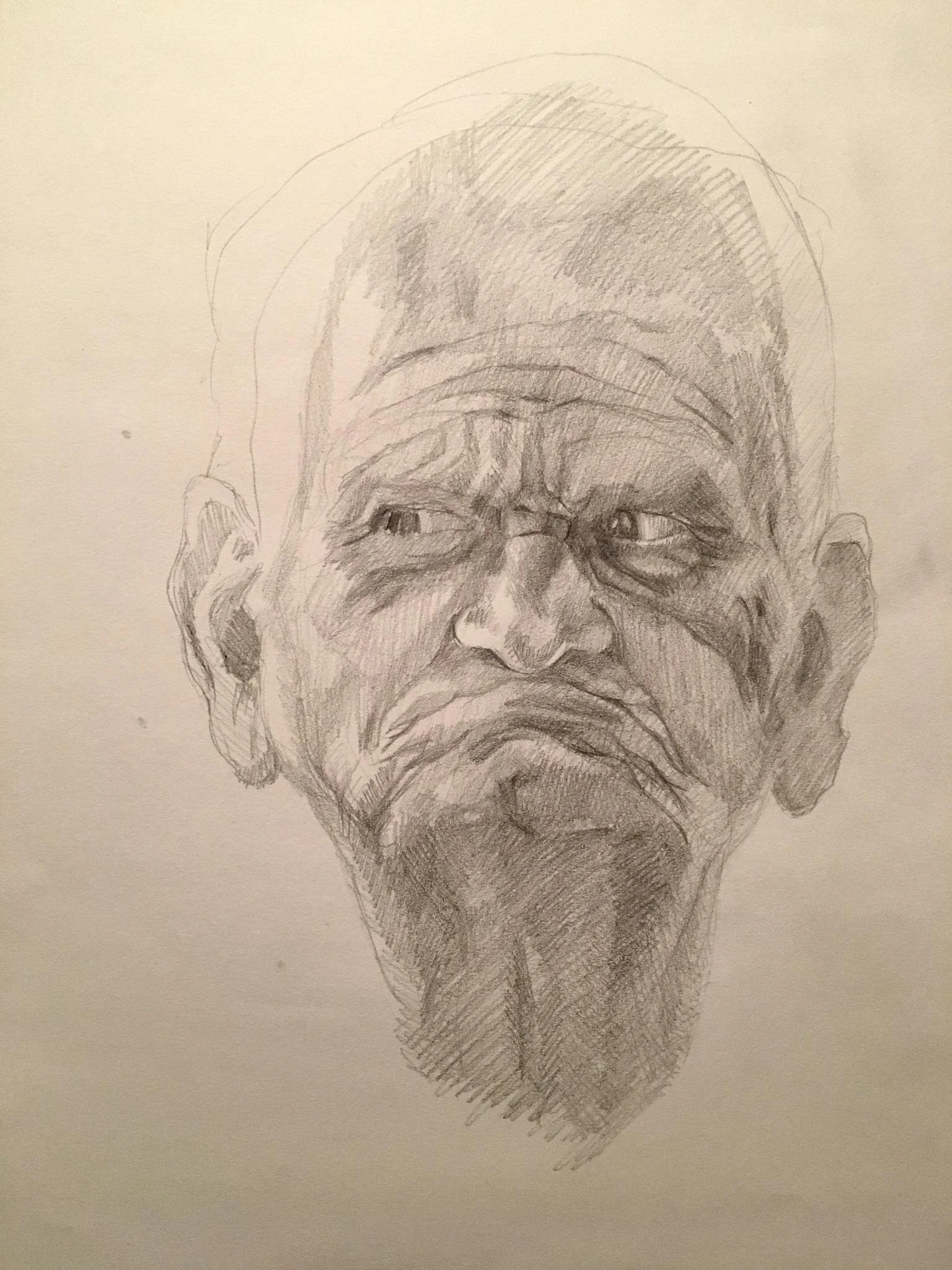 A pencil sketch of an elderly man with a serious expression.