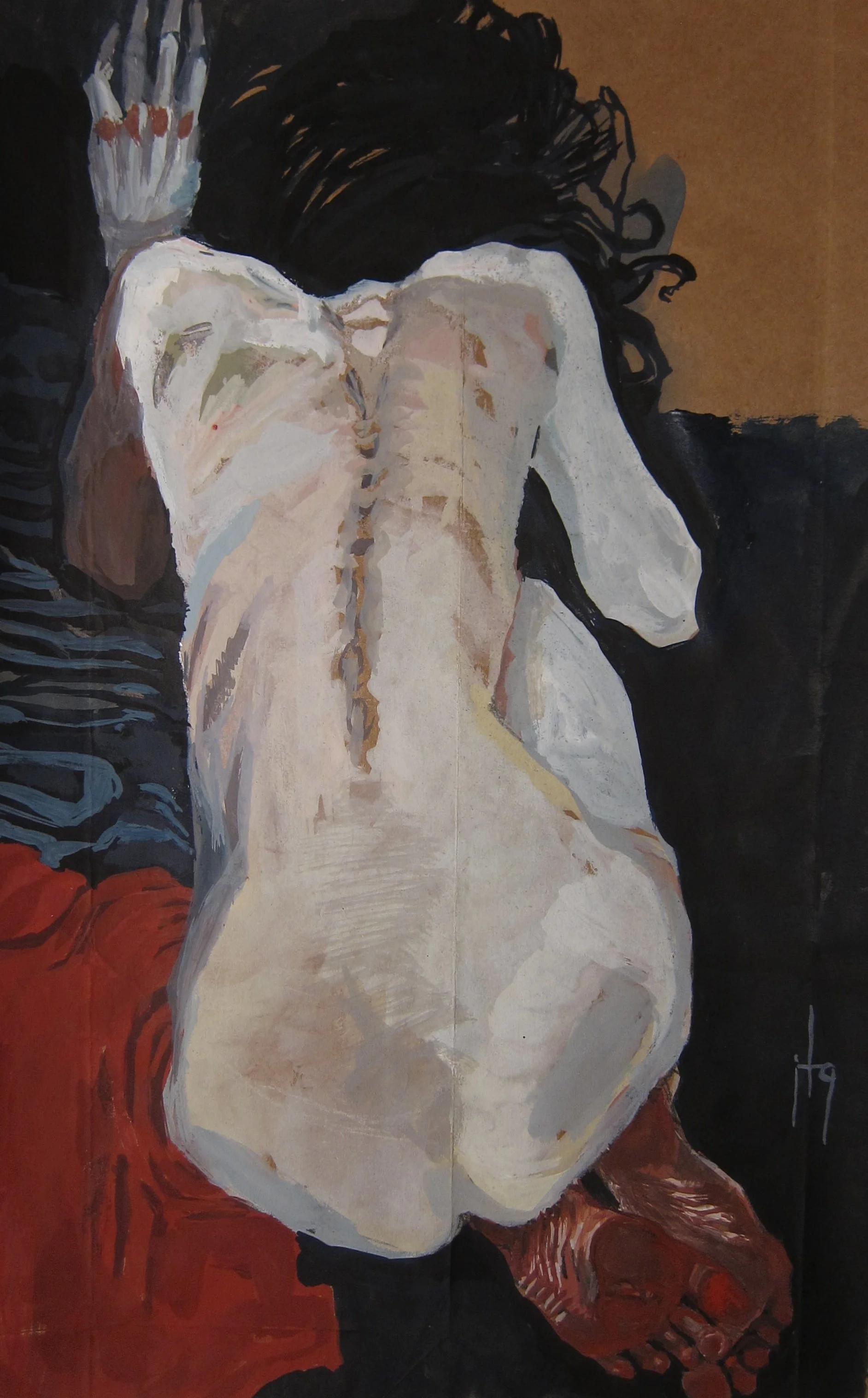An abstract painting of a woman with long black hair lying on her side, with her eyes closed, in a reclining pose. The background features shades of beige, black, and red.