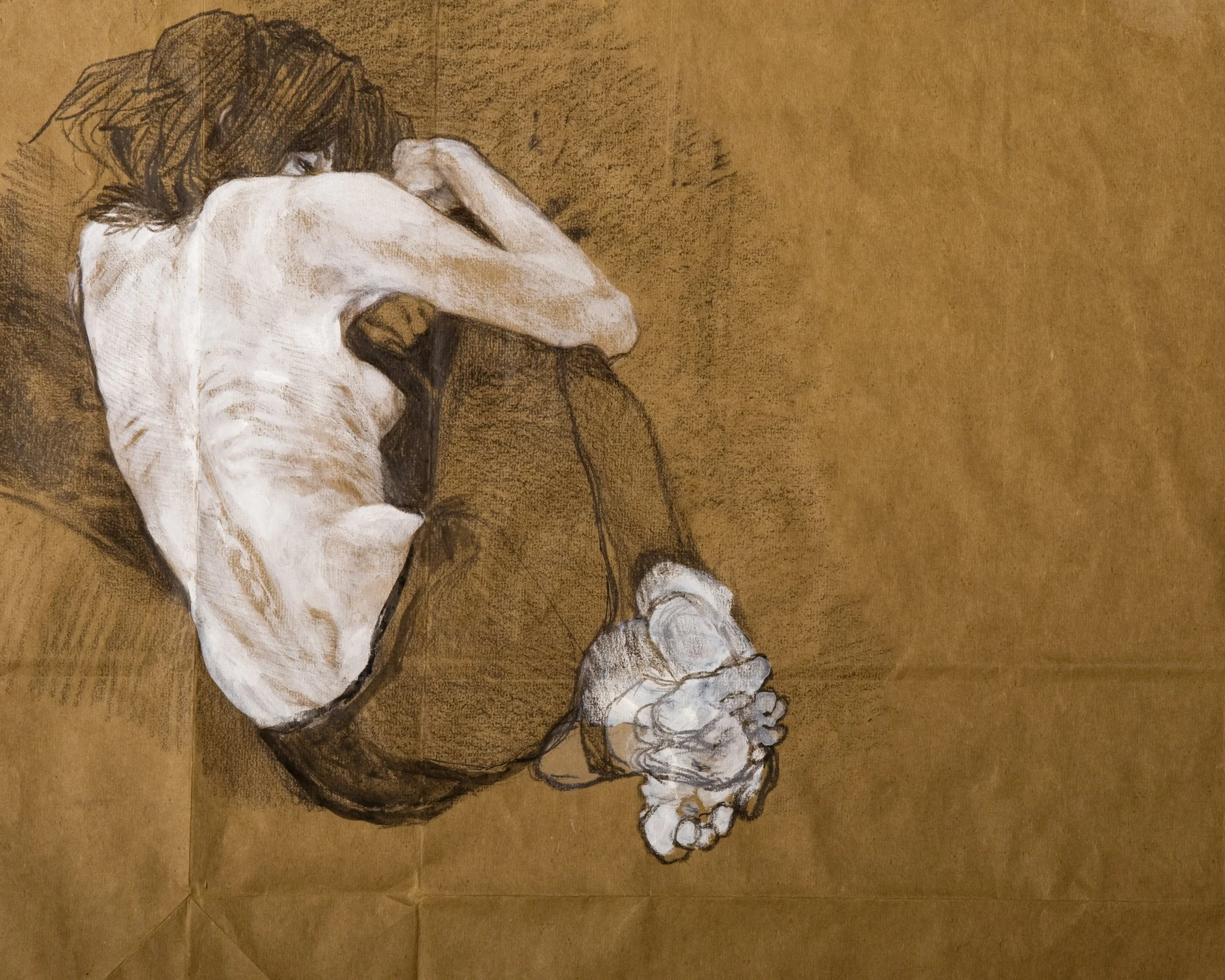 A sketch of a woman sitting with her knees pulled up to her chest, resting her head on her knees, with her arms wrapped around her legs, on a brown background.