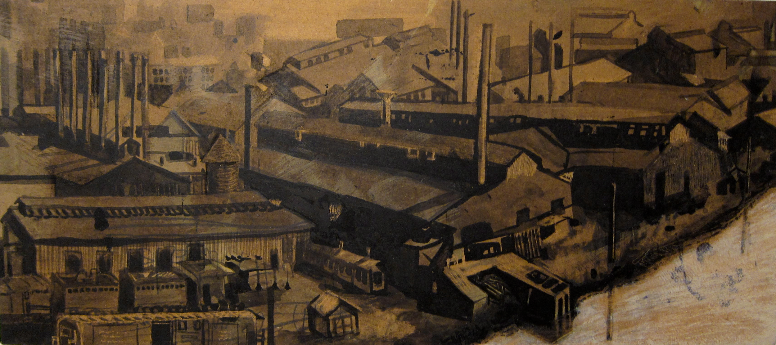 A detailed black-and-white sketch of an urban landscape with multiple buildings, train tracks, and utility poles.