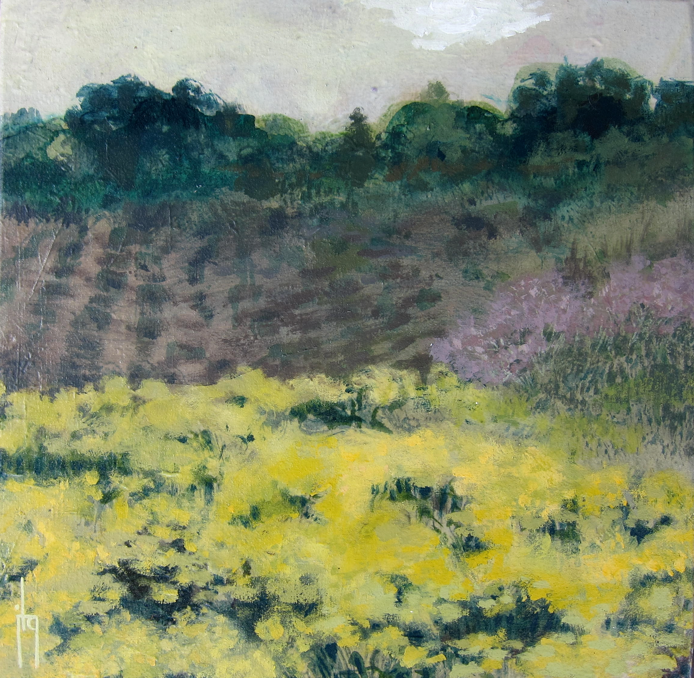 Abstract landscape painting with green and yellow hues representing trees and grass.