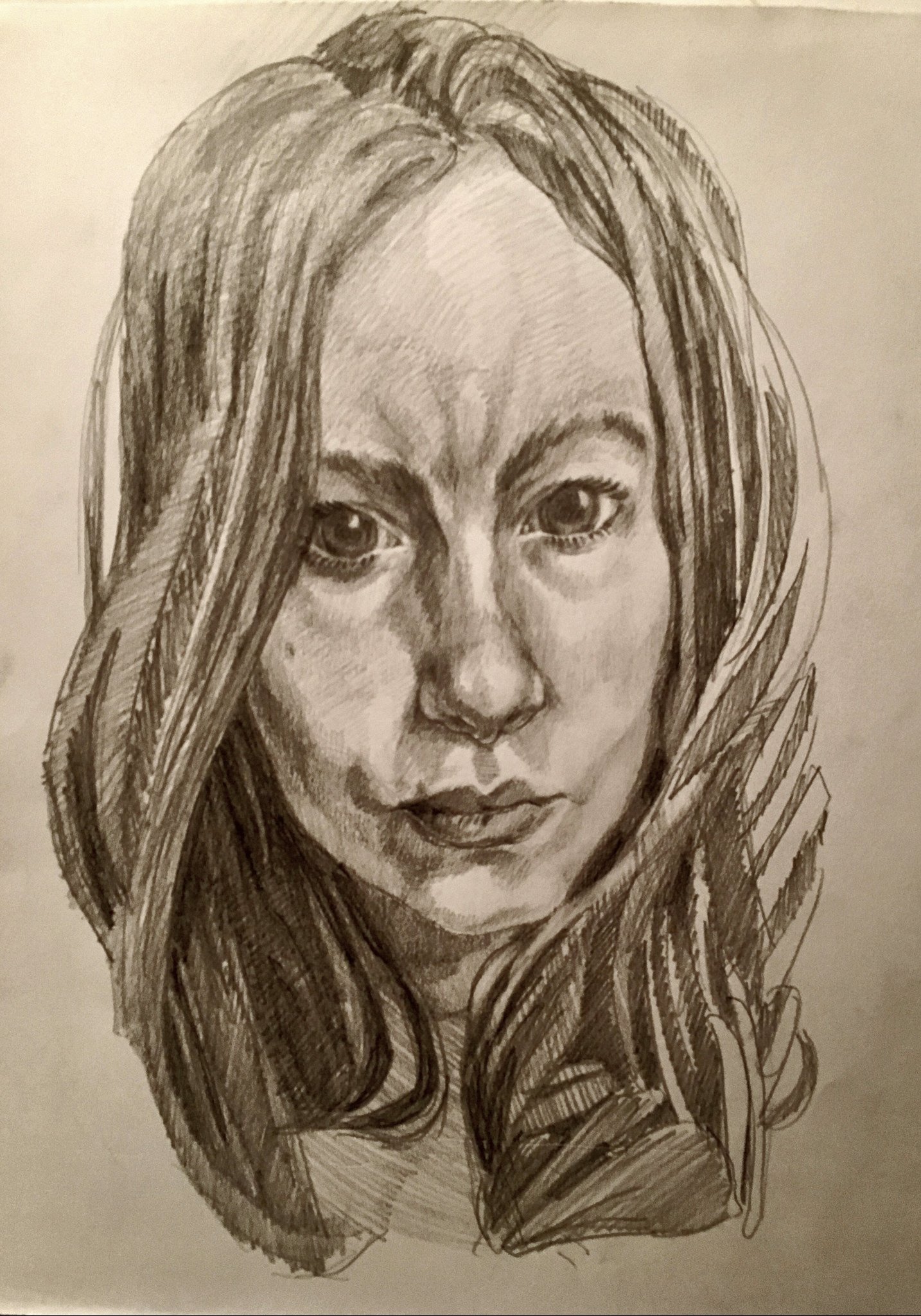 A detailed pencil sketch of a woman's face with long hair, focusing on her eyes, nose, and lips.