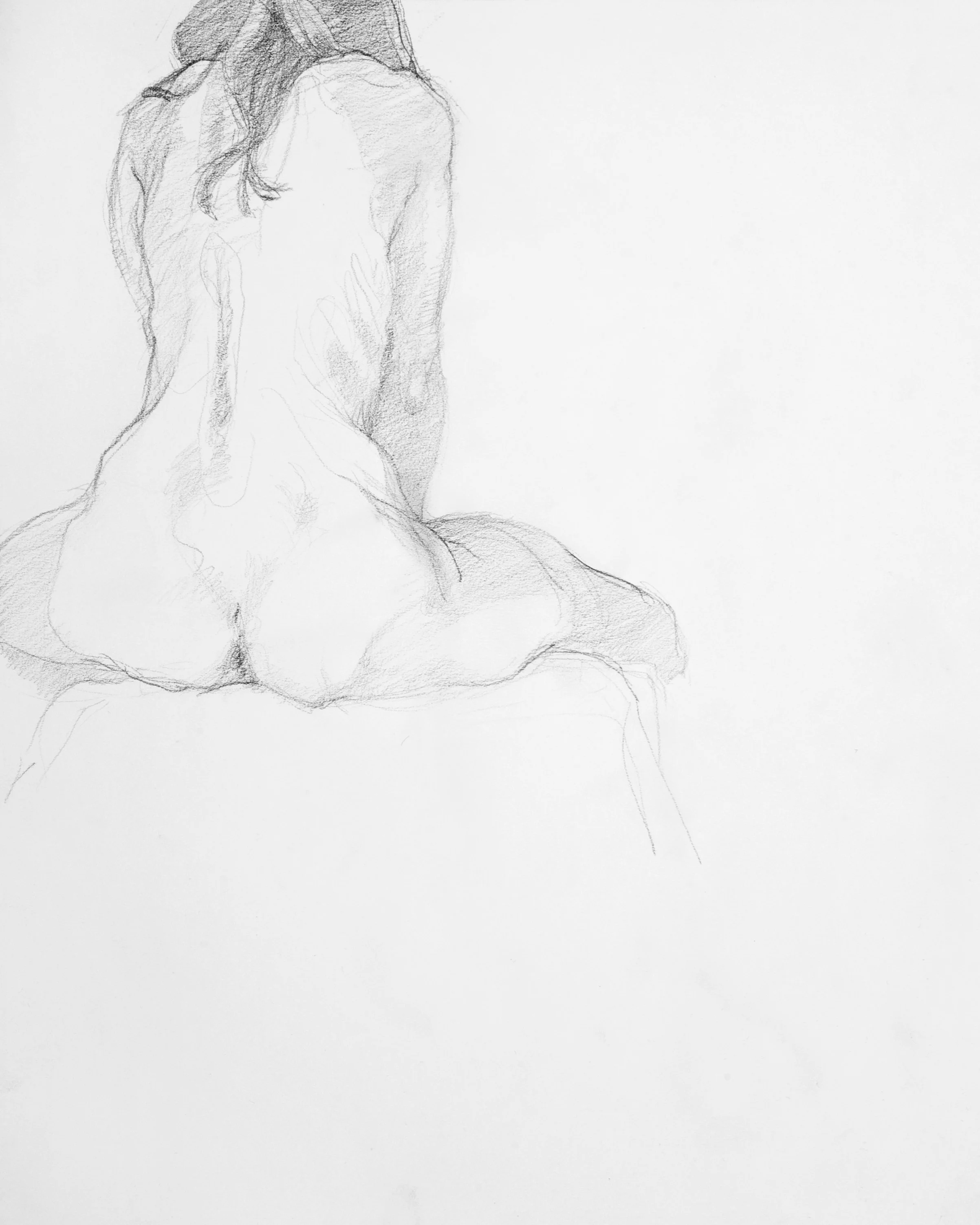 A pencil sketch of a person sitting, seen from behind, with long hair and a bare back, on a blank white background.