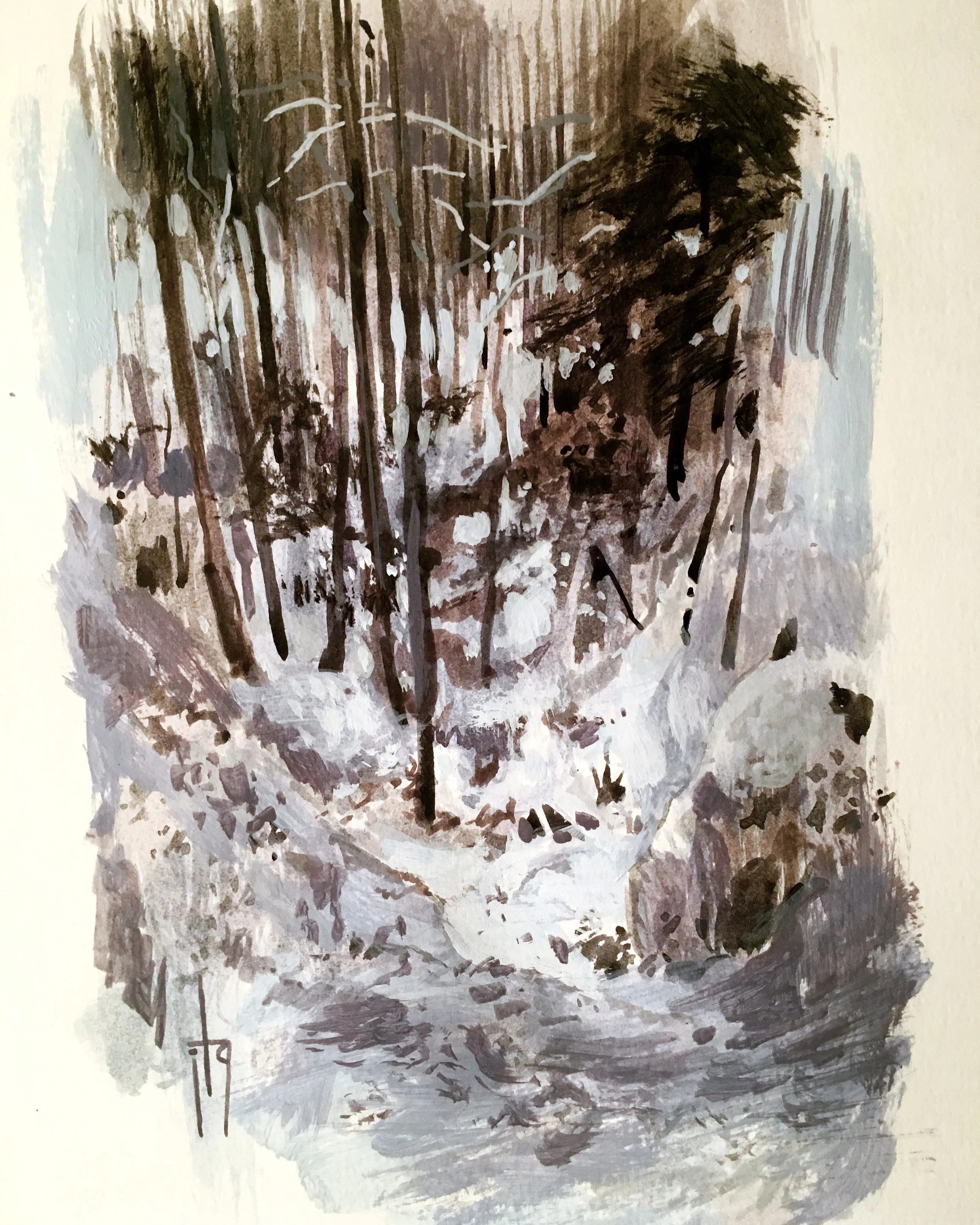 Abstract painting with brown, black, white, and gray brush strokes, resembling a winter forest scene with trees and snow.