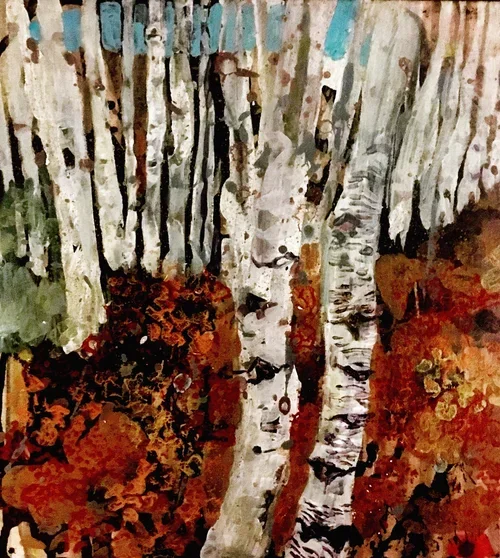 Painting of birch trees with red autumn leaves on the ground.