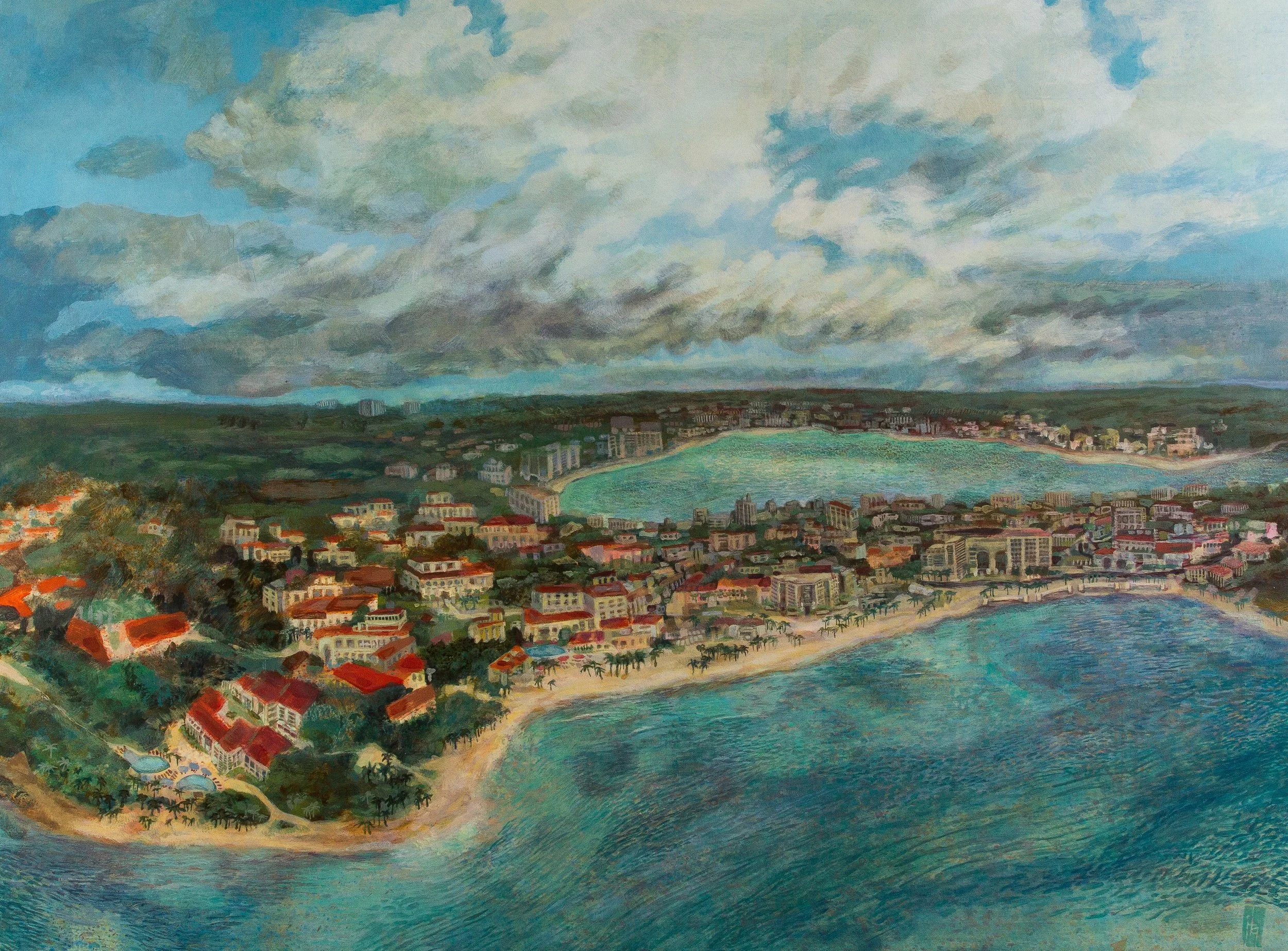 A painting of a cityscape with a coastline, featuring buildings, water, and a cloudy sky.